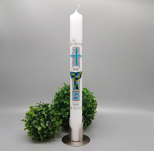 Schleife für Kommunionkerzen mit silber Kreuz Jungen
