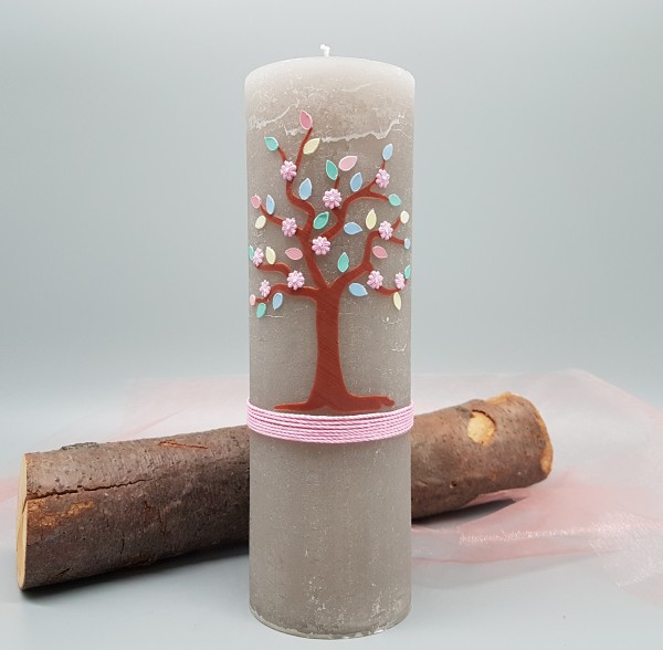 Taufkerze rustik Lebensbaum mit Blumen Rosa Mädchen